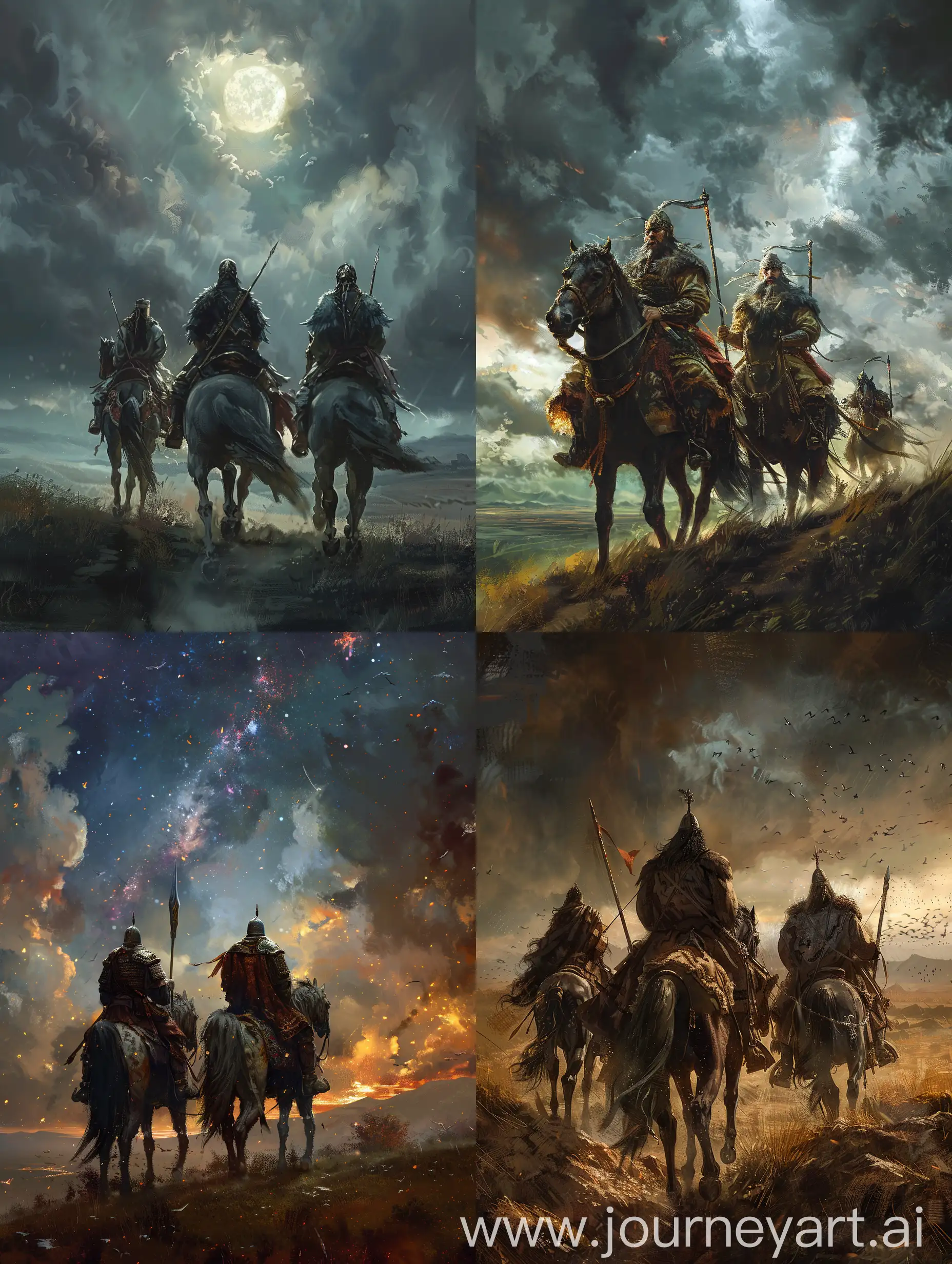 Three-Mongol-Khans-Riding-Horses-under-the-Dark-Fantasy-Sky