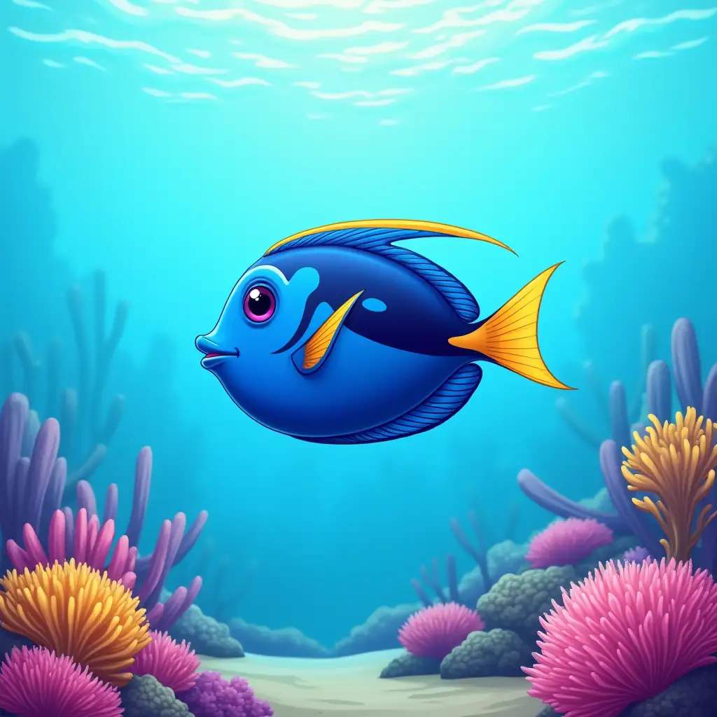 Illustration in cartoon style representing a blue surgeon fish (oval shape, accentuated dorsal and anal fins, yellow tail), swimming above colorful corals in a tropical lagoon, bright colors, no text integrated into the image, profile view, drawn in a semi-realistic manner, high resolution.