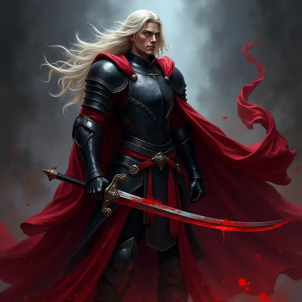 Dark fantasy, male character, knight of blood, black iron cuirass, crimson clothes, black-red ceremonial mantle, crimson cloak, blue eyes, long wavy pale hair, bloody saber, ((long hair)), cloak fluttering in the wind, (((blood magic))), ((curved)) sword all in blood, stern face, dynamic pose, medieval gothic