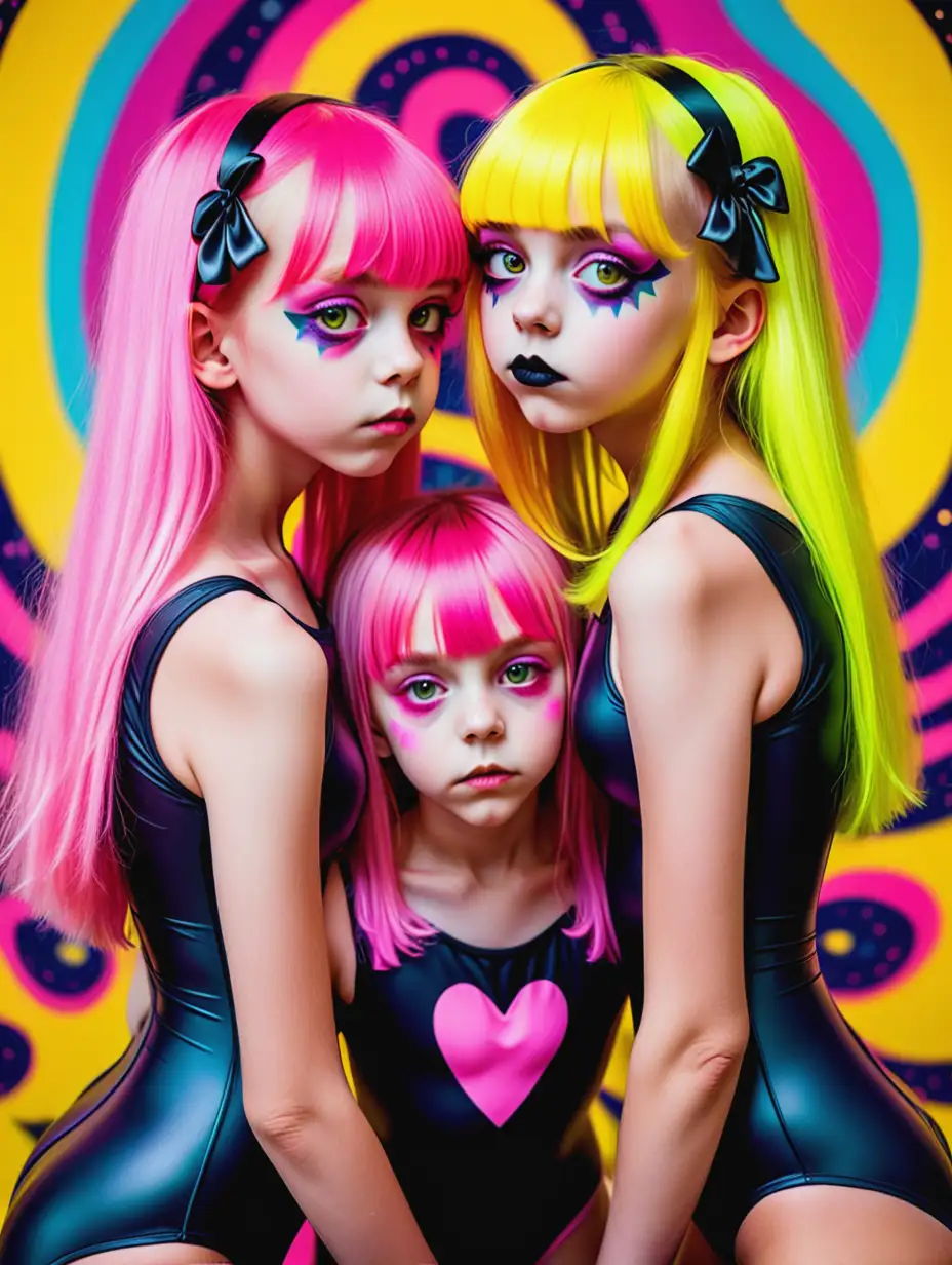 Three cute 12-year-old girls long yellow and pink hair, with bangs kissing and hugging open eyes wearing leotards psychedelic background gothic style