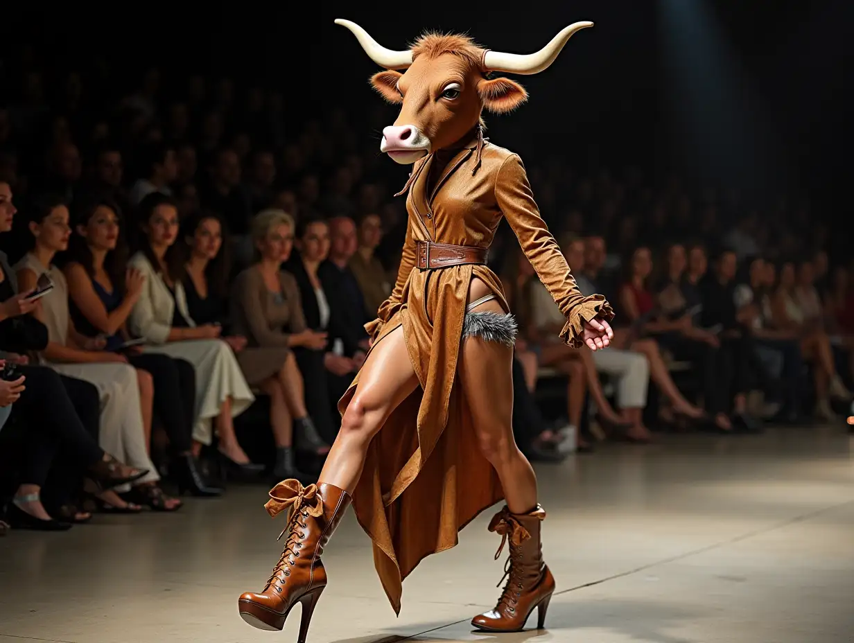 Cow-Fantasy, a mixture of woman-and cow head design with beautiful costume made from cowhide shoes at a fashion show