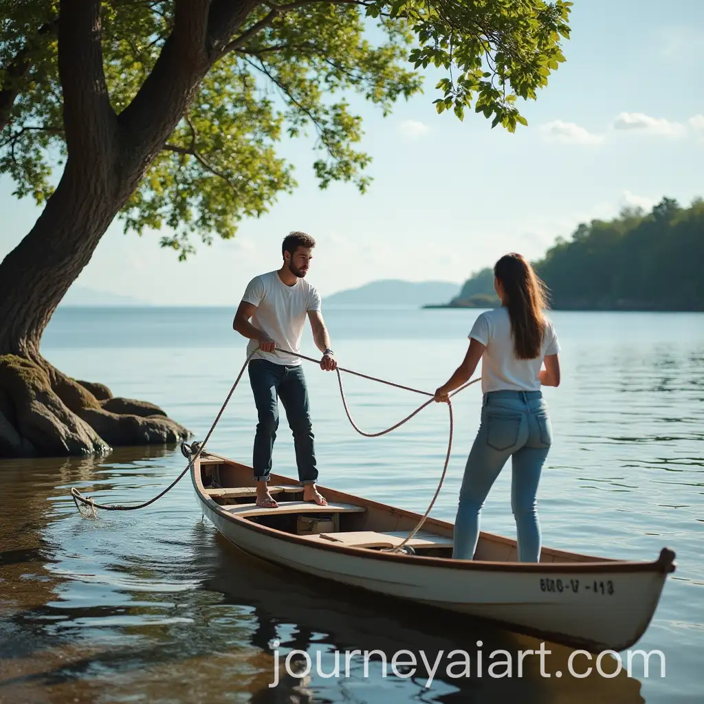 Young-Couple-Tying-Boat-to-Tree-on-Island-Shore
