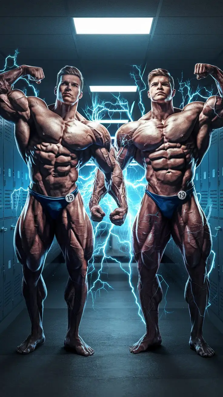 In a locker room. Two powerfully muscled bodybuilders stand boldly, with determined expressions, flexing their mighty muscles as luminous blue energy and electricity bombard and engulf their bodies. 19 years old. Photorealistic.