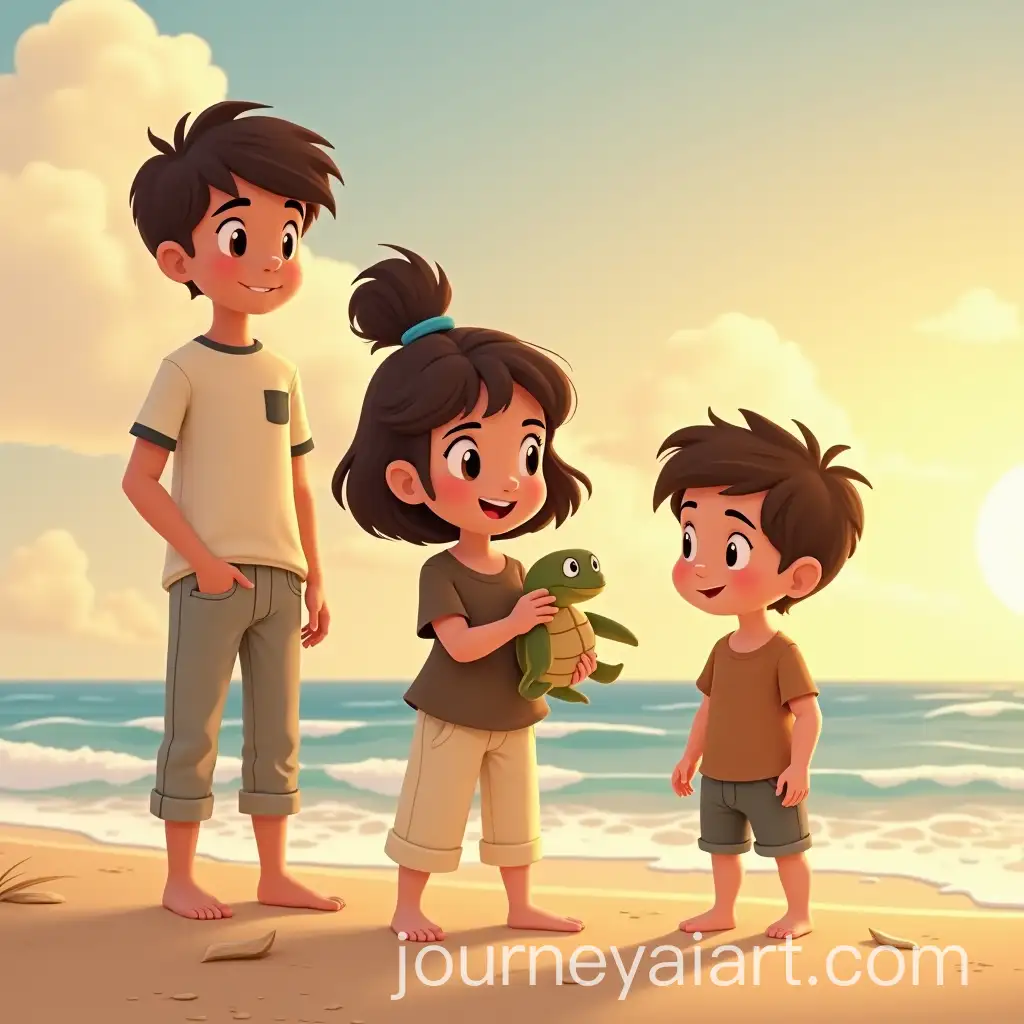 Girl-Feeding-Turtle-at-Sandy-Beach-with-Brothers-in-Animated-Sunset-Scene