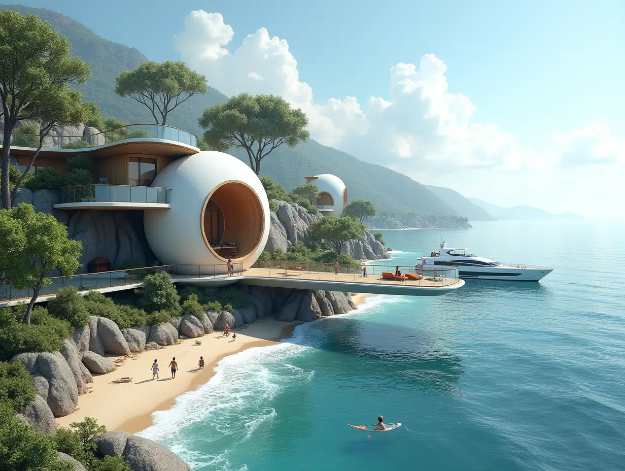 Create a high-resolution, realistic panorama image of a futuristic terrace building with a snail-house window bridge, a yacht and a small beach with people, many plants and grey and brown facades with sea with waves, big trees, blue sky