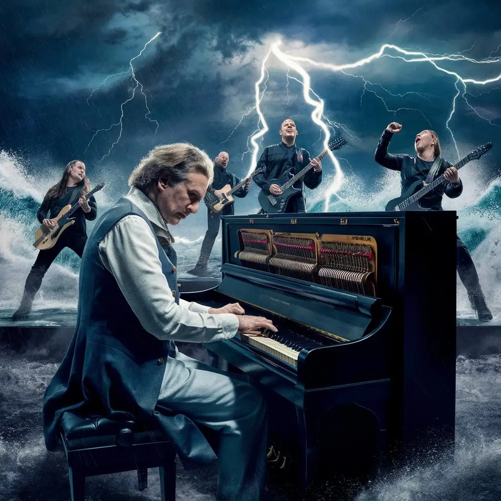 Generate an image of Richard Wagner and the metal band playing rock in a storm