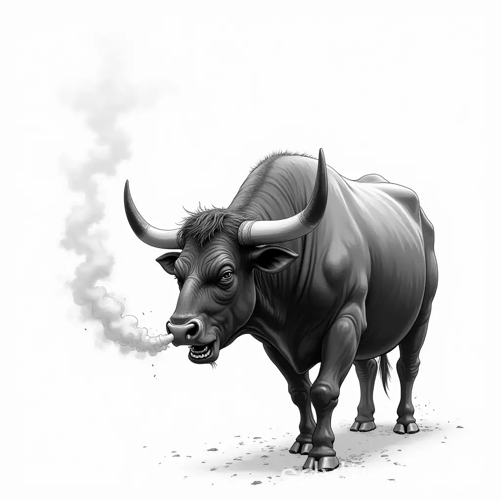 Black and white sketch of a bull snorting steam in anger