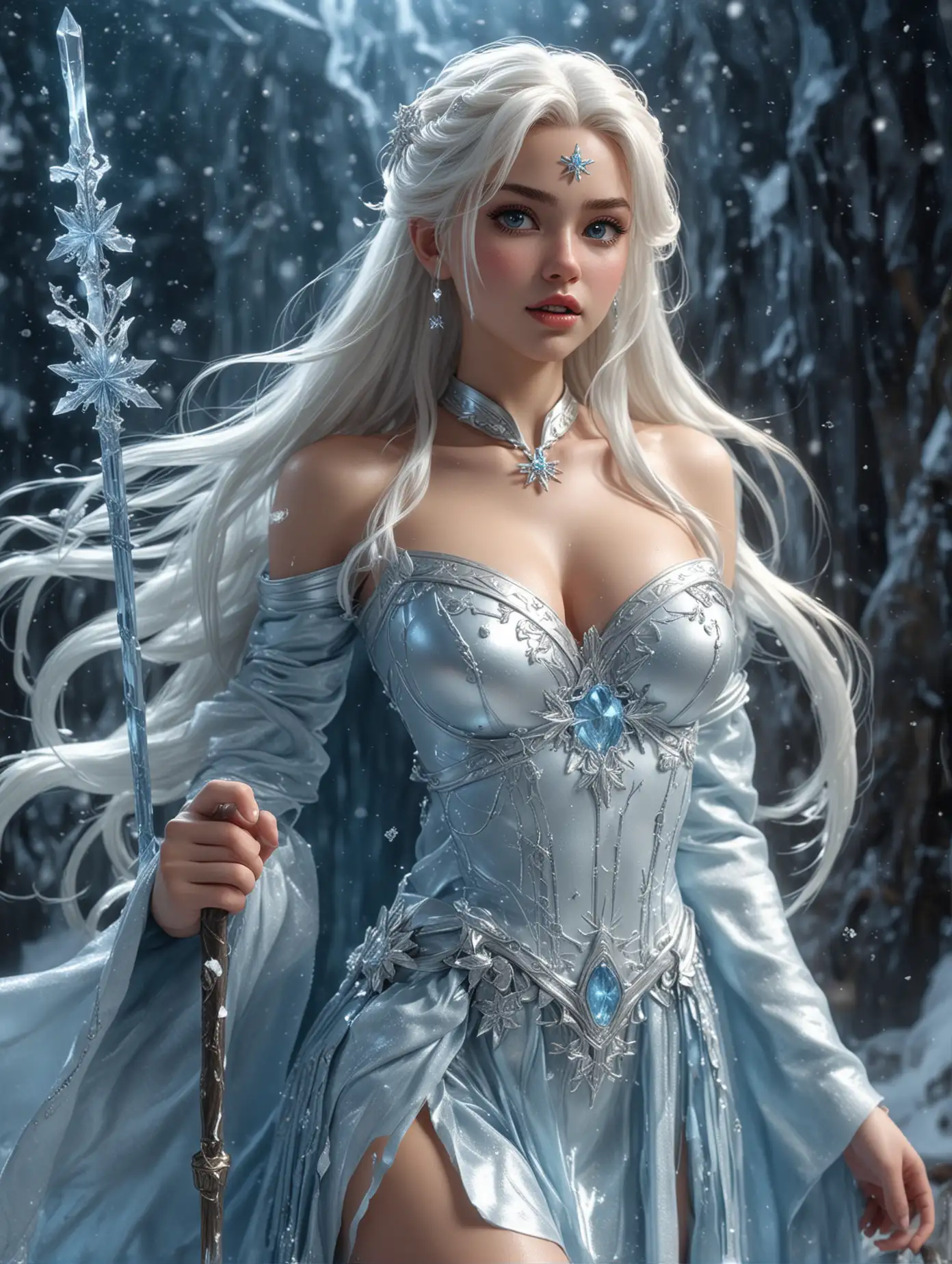 Full body captured, Hyperrealism style quality, digital drawing mode, frozen kingdom-themed, beautiful Sailormoon girl with hyper cleavage, long white hair with icy blue streaks, piercing ice blue eyes, wearing a frost-covered robe with flowing mini skirt, holding a staff with a crystal snowflake, Blur the background to create a three-dimensional effect, atmosphere, standing in an Arctic realm guarding a mystical artifact, radiant skin, flowing hair, glossy lips, angry ekspression, full body view, dynamic pose, life size, perfect anatomy, full HD, 4K, HDR, perfect anatomy