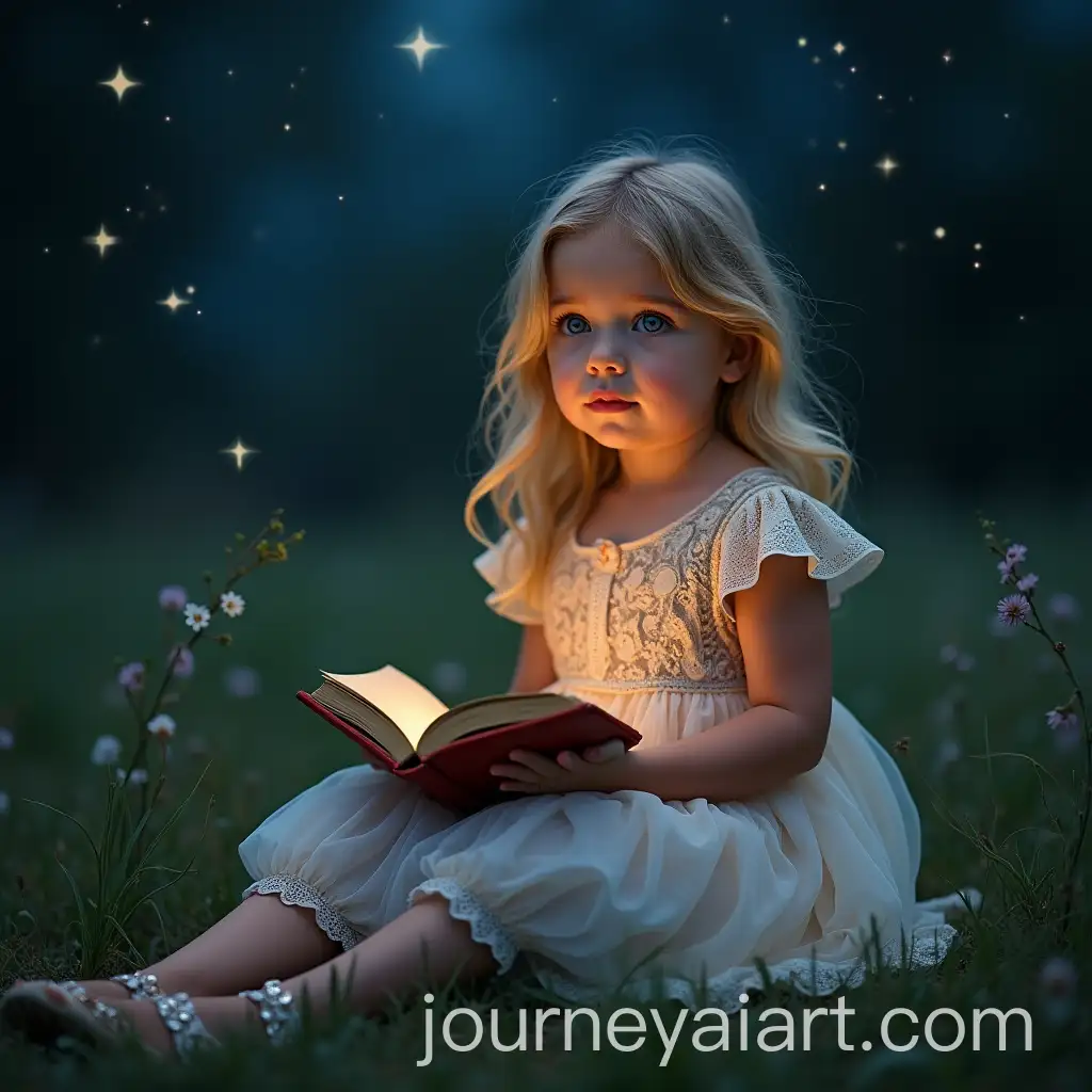 5YearOld-Girl-in-Frock-Sitting-in-Garden-at-Night-with-Diary-Under-Starry-Sky