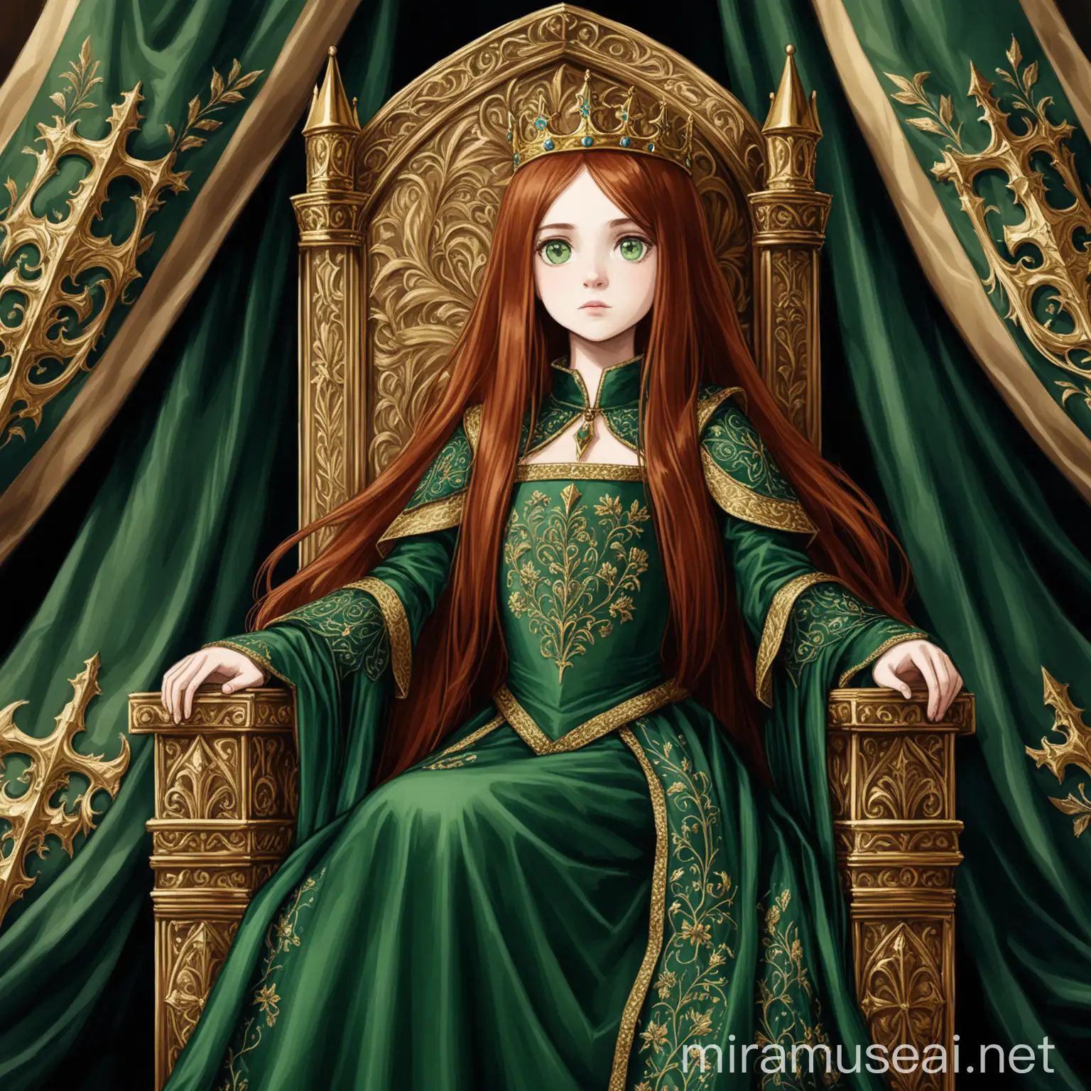 A young girl with very long auburn hair, green eyes, wearing a richly embroidered medieval green dress. She is sitting on a throne between two banners blue and gold