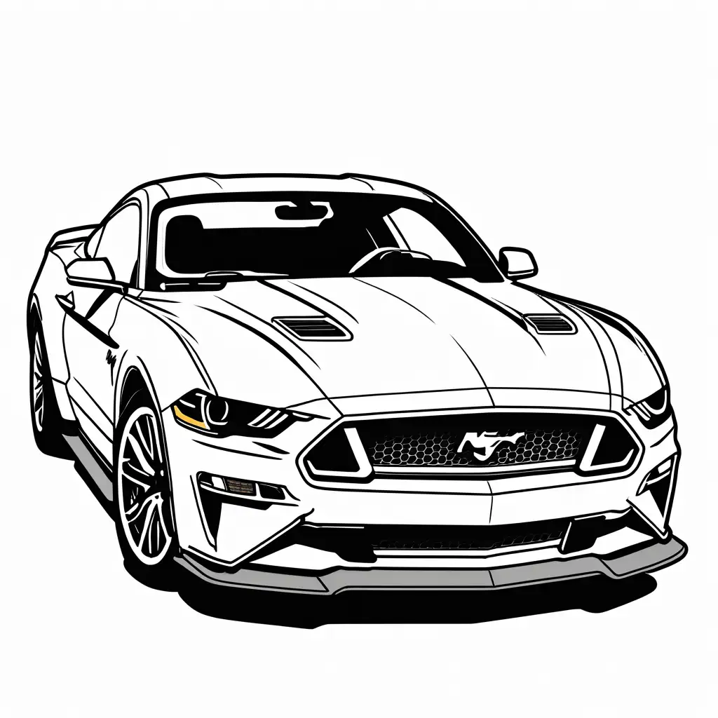 mustang sports car, Coloring Page, black and white, line art, white background, Simplicity, Ample White Space. The background of the coloring page is plain white to make it easy for young children to color within the lines. The outlines of all the subjects are easy to distinguish, making it simple for kids to color without too much difficulty