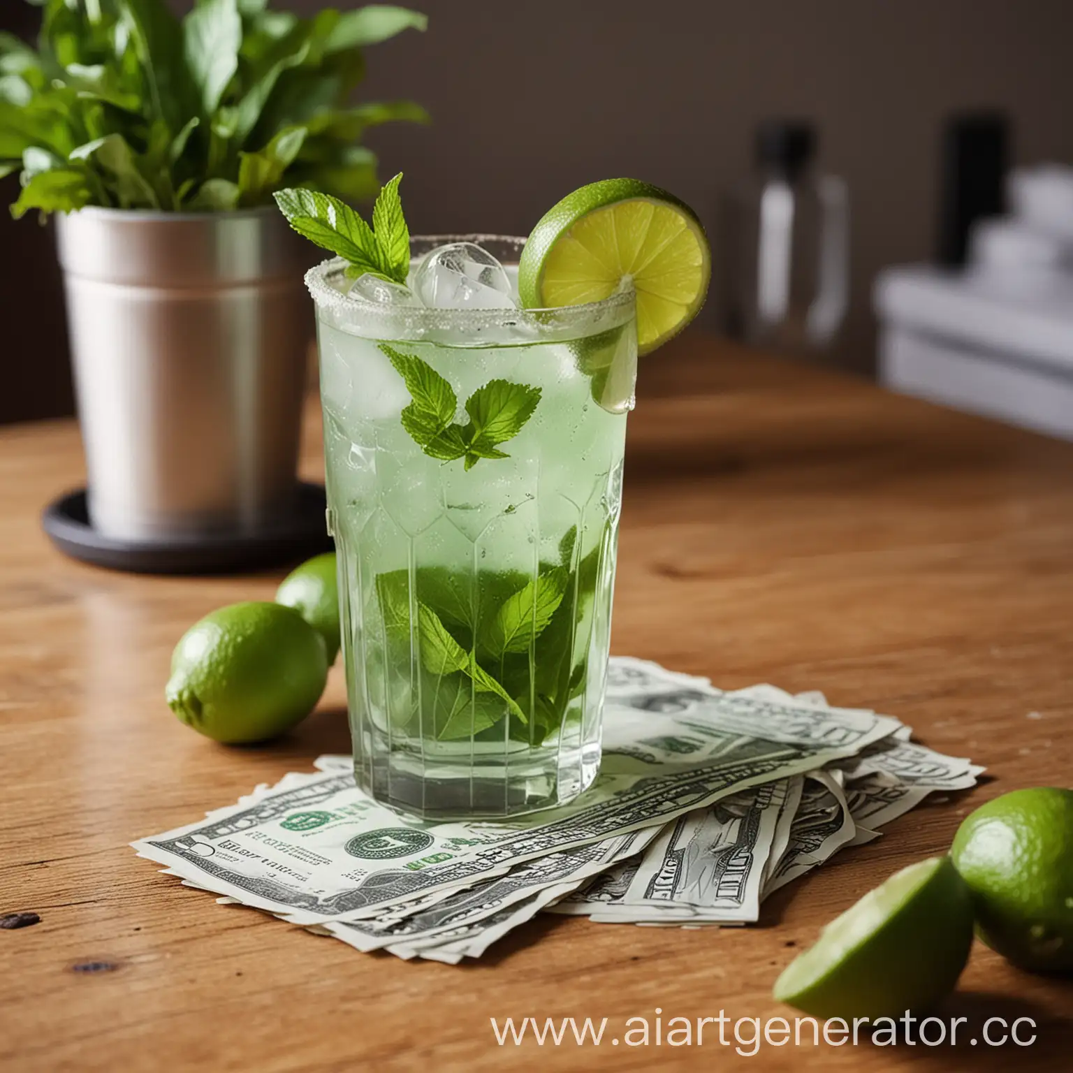 A green juicy refreshing mojito standing on the table. There is an ios smartphone on the table. And there's a stack of dollars in cash on the table