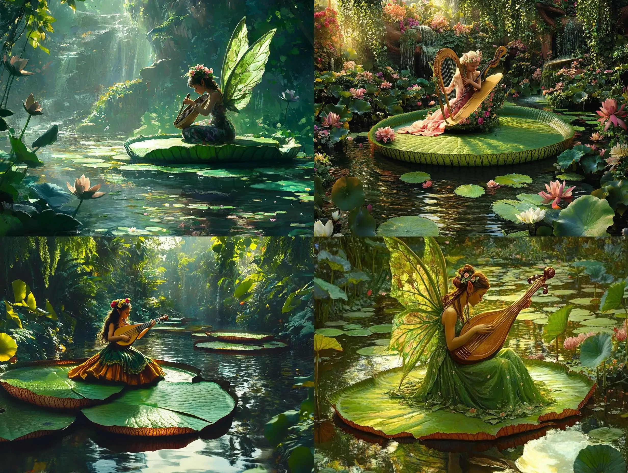 Pixie-Playing-Lyre-on-Giant-Lily-Pad-in-Pond