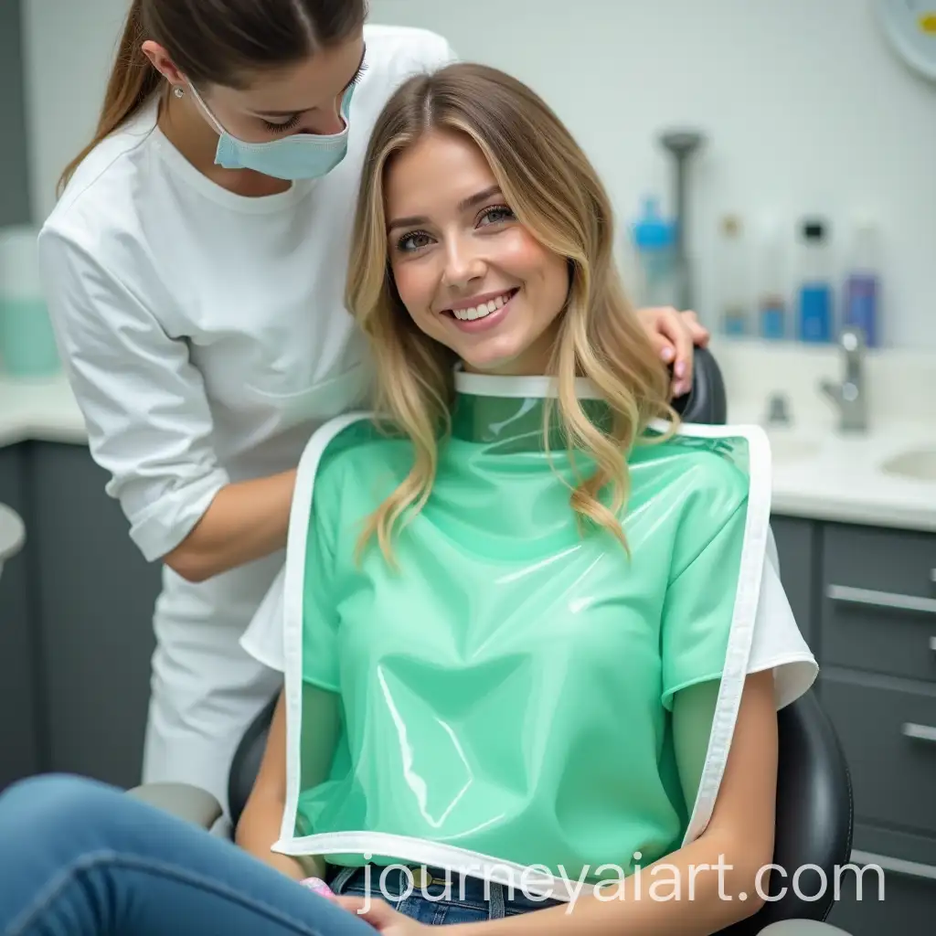 Blond-Woman-in-Dentists-Chair-with-Large-Green-PVC-Mealtime-Bib-and-Dental-Assistant