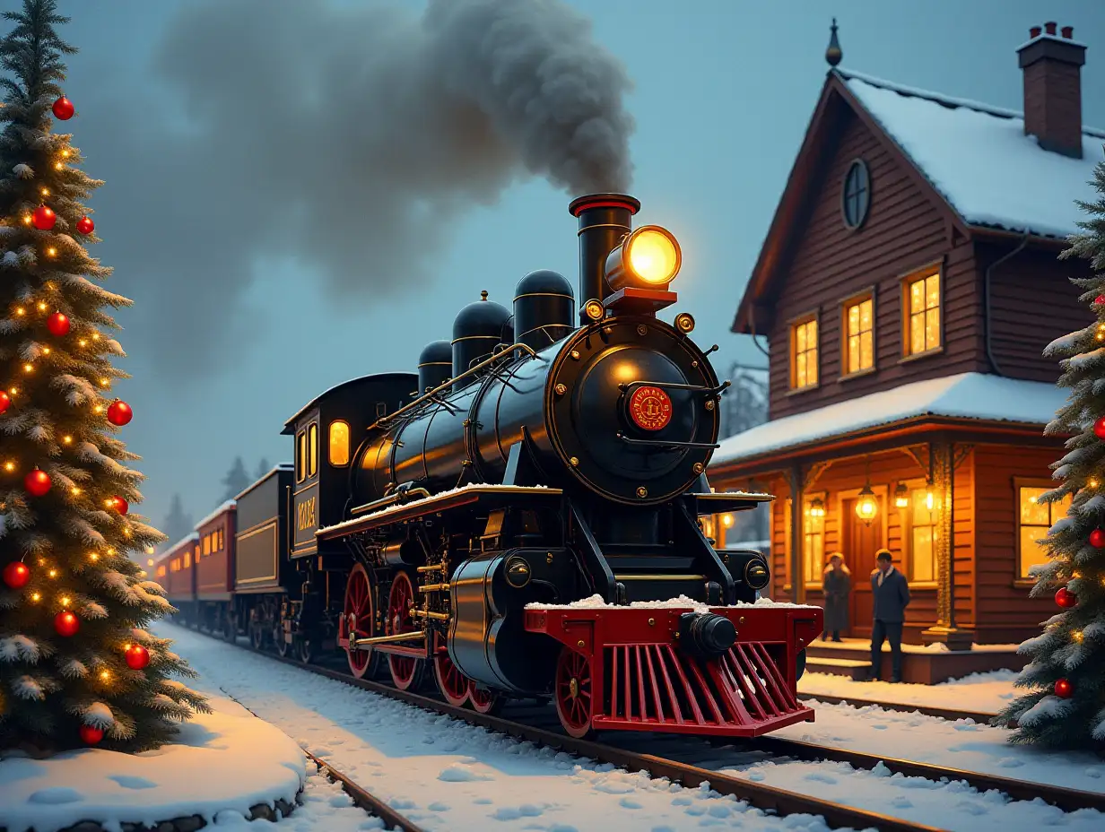 Ultradetailed hyperrealistic portrait of a 30's year steam locomotive in station, houses, decorated Christmas tree, lanterns and people elaborately detailed, colorful