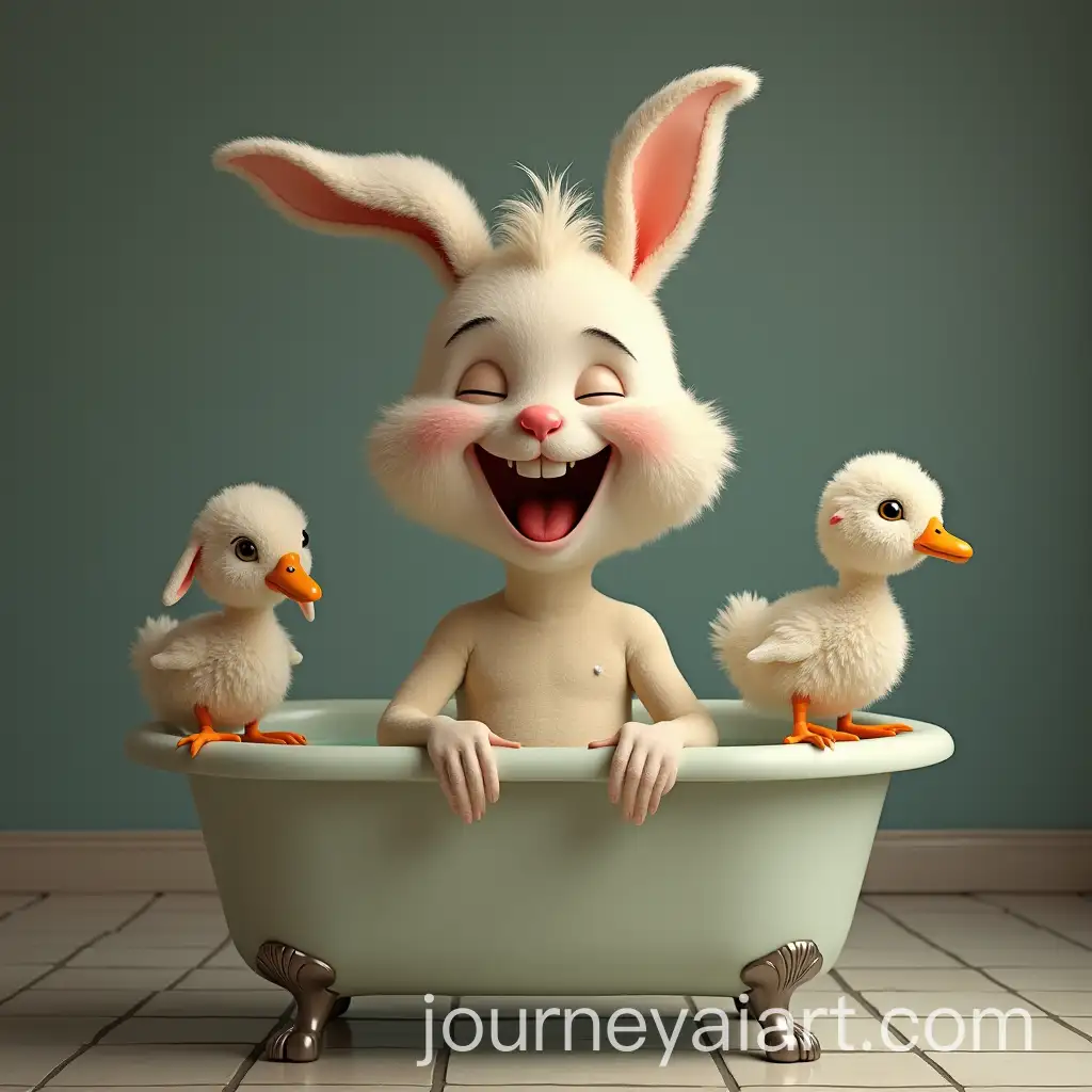 Man-with-Rabbit-Face-Sitting-in-Bathtub-with-Lamb-on-Head-and-Duck