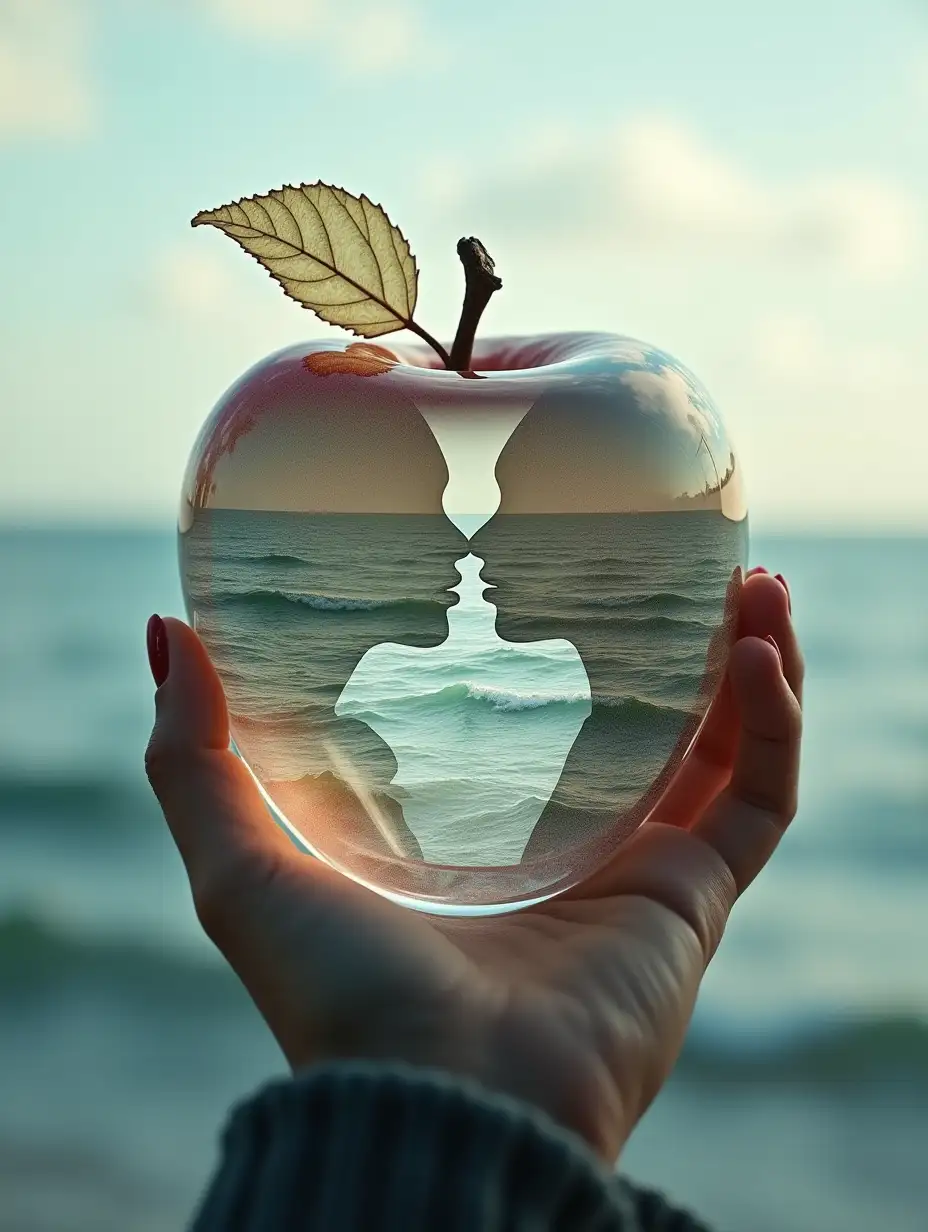 A lovely double exposure image of a choppy sea and a glass apple. The sea should serve as the underlying background, its details subtly integrated into the smooth glass apple, sharp focus, double exposure, smooth glass apple, persimmon's translucent glass figure, the sea inside, lifeless, lifeless, glass apple, Earthy tones, decadent, intricate design, surreal, HD, extremely detailed, dark softbox image, ray tracing, cinematic, HDR, photorealism, outside the glass apple is a woman's profile, kissing the glass apple, hands Holding glass apple