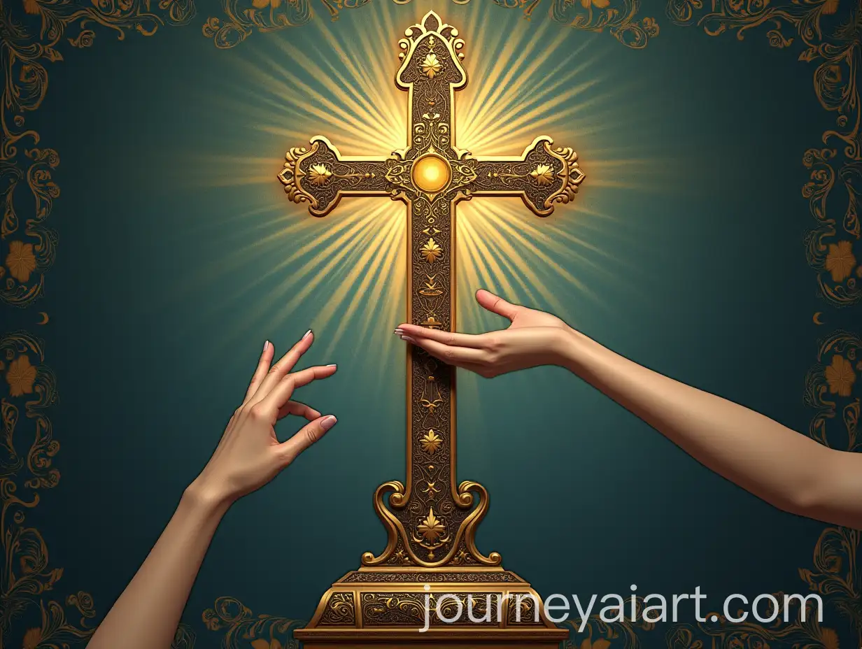 Young-Girl-Reaching-for-Ornate-Medieval-Crucifix-with-Graceful-Gesture
