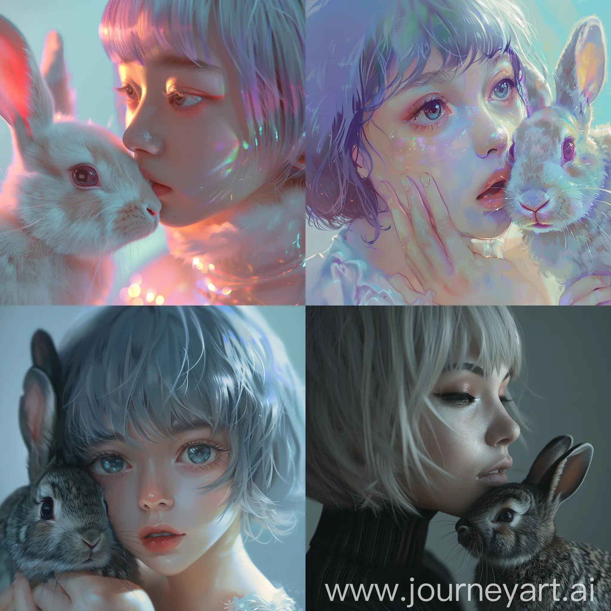 Girl-with-Gray-Short-Hair-Interacting-with-Rabbit-in-Iridescent-Setting