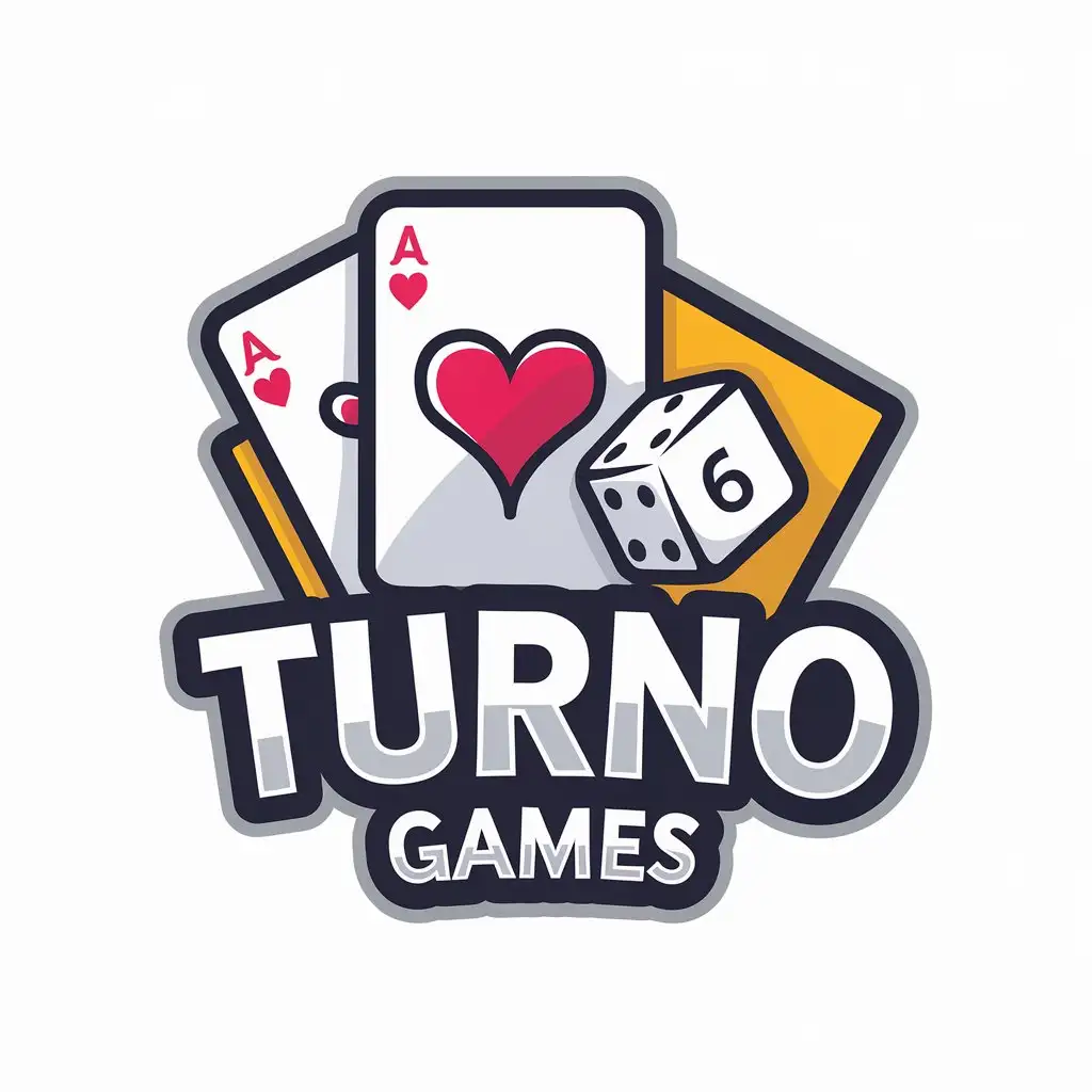 LOGO Design for Turno Games Playful Style with Playing Card Dice and Domino Icons on White Background