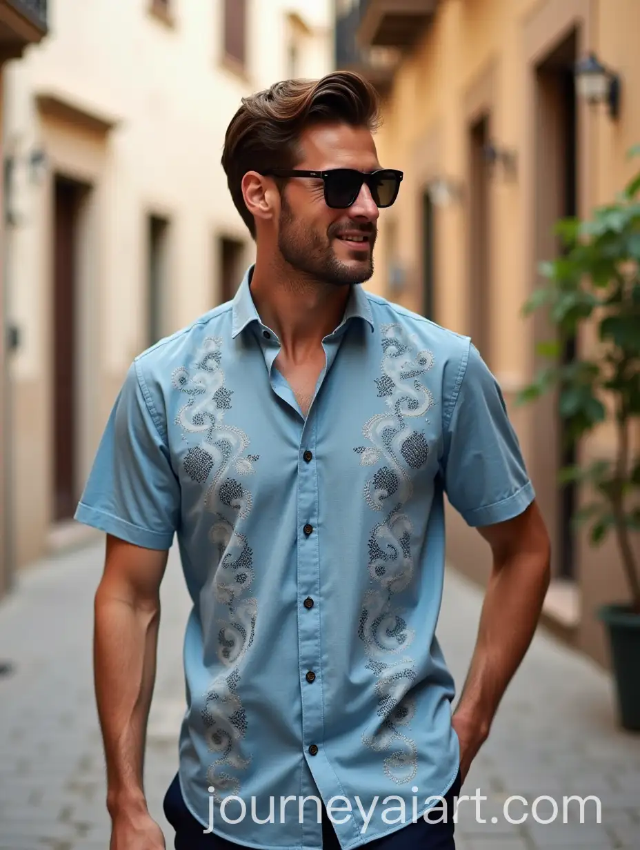 Man-in-Stylish-Summer-Shirt-Inspired-by-Granadas-Andalusian-Culture-in-Albaicn-Streets