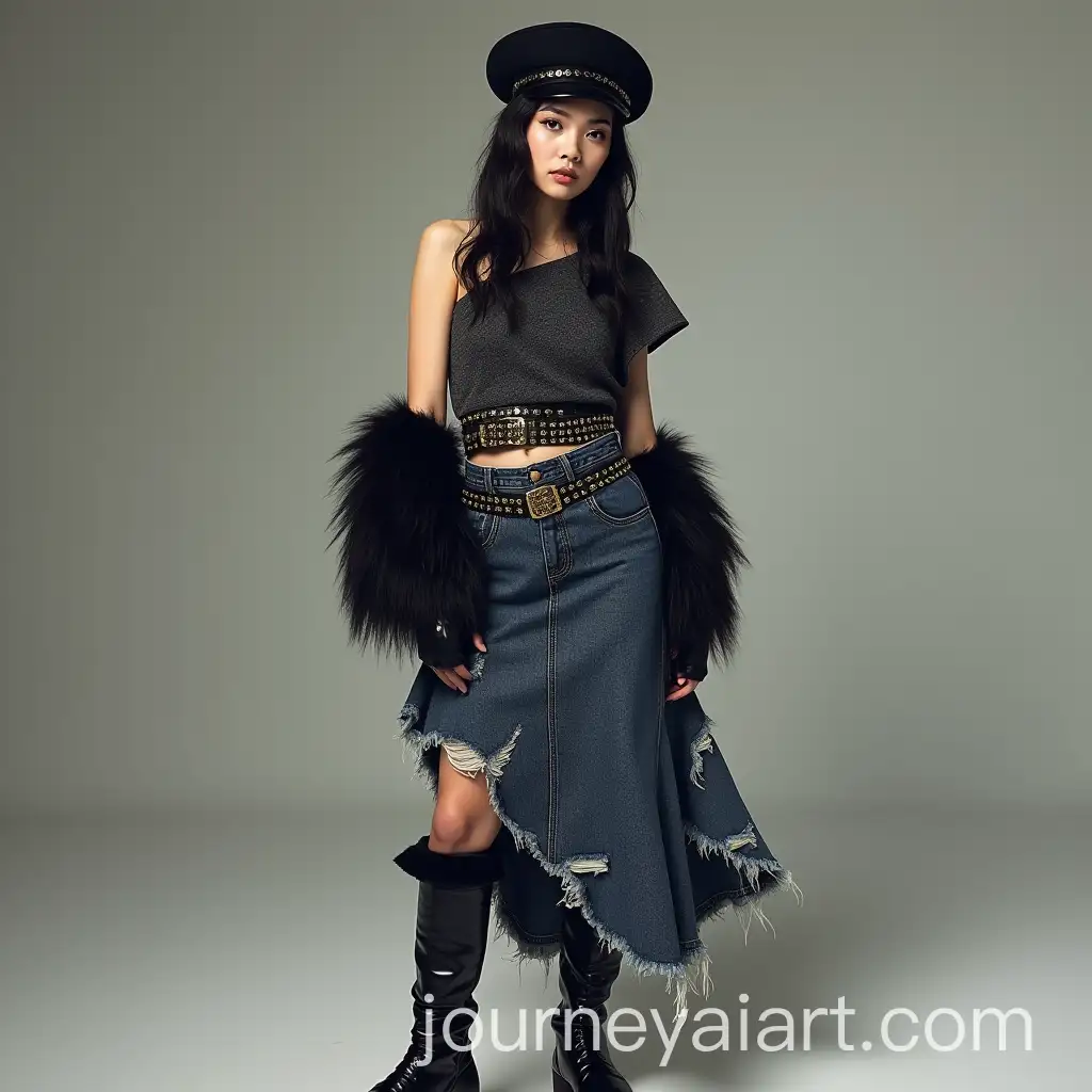 Fashionable-KPop-Style-Denim-Flare-Skirt-and-Deconstructed-Knitted-Crop-Top