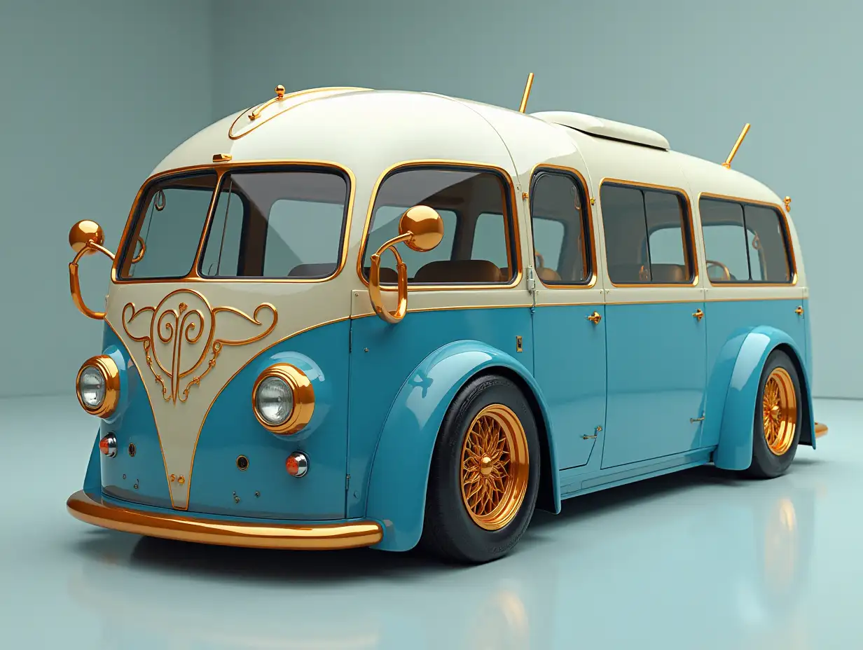 Supermodern utopian Sports Omnibus with Gold and white Blitzblue color with round Ornaments, lowered Body, 18-inch Rims, Aluminum Wheels, Cream Blue Gold, Cyberpunk.