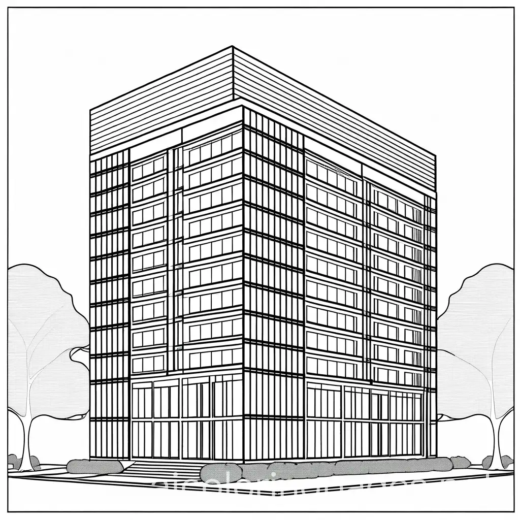 an office building with a tree in front, Coloring Page, black and white, line art, white background, Simplicity, Ample White Space. The background of the coloring page is plain white to make it easy for young children to color within the lines. The outlines of all the subjects are easy to distinguish, making it simple for kids to color without too much difficulty
