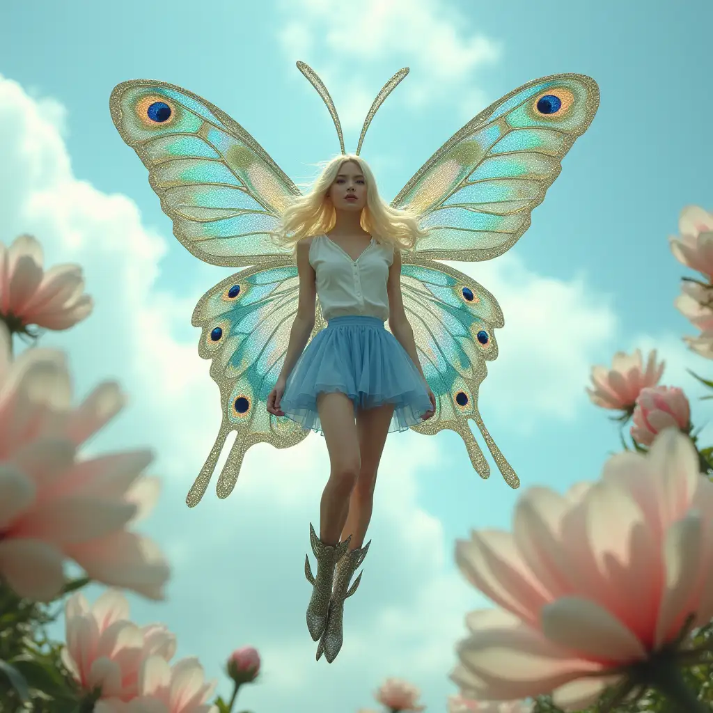 A photo of a blonde fairy with long antennae shaped like a pair of peacock feathers flying in the sky among the clouds. She has two gigantic, long, shiny iridescent sparkling, transparent, peacock patterned butterfly wings. The fairy is wearing a white blouse, blue miniskirt, and peacock patterned elegant latex stiletto thigh high boots with ankle butterfly wings. The background is a cloudy sky and gigantic flowers.