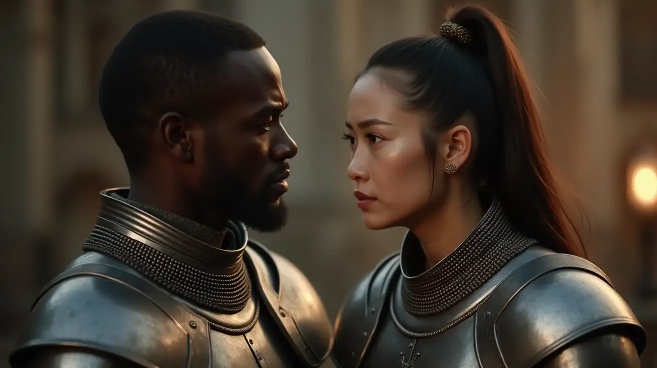 Black-Male-Knight-and-Asian-Female-Warrior-in-Gleaming-Armor-Preparing-for-Battle