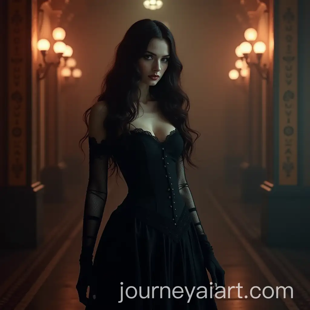 Elegant-Female-Vampire-in-Victorian-Dress-Standing-Before-Vaudeville-Theatre