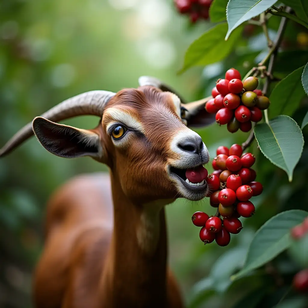 A goat eating berries in coffee plant