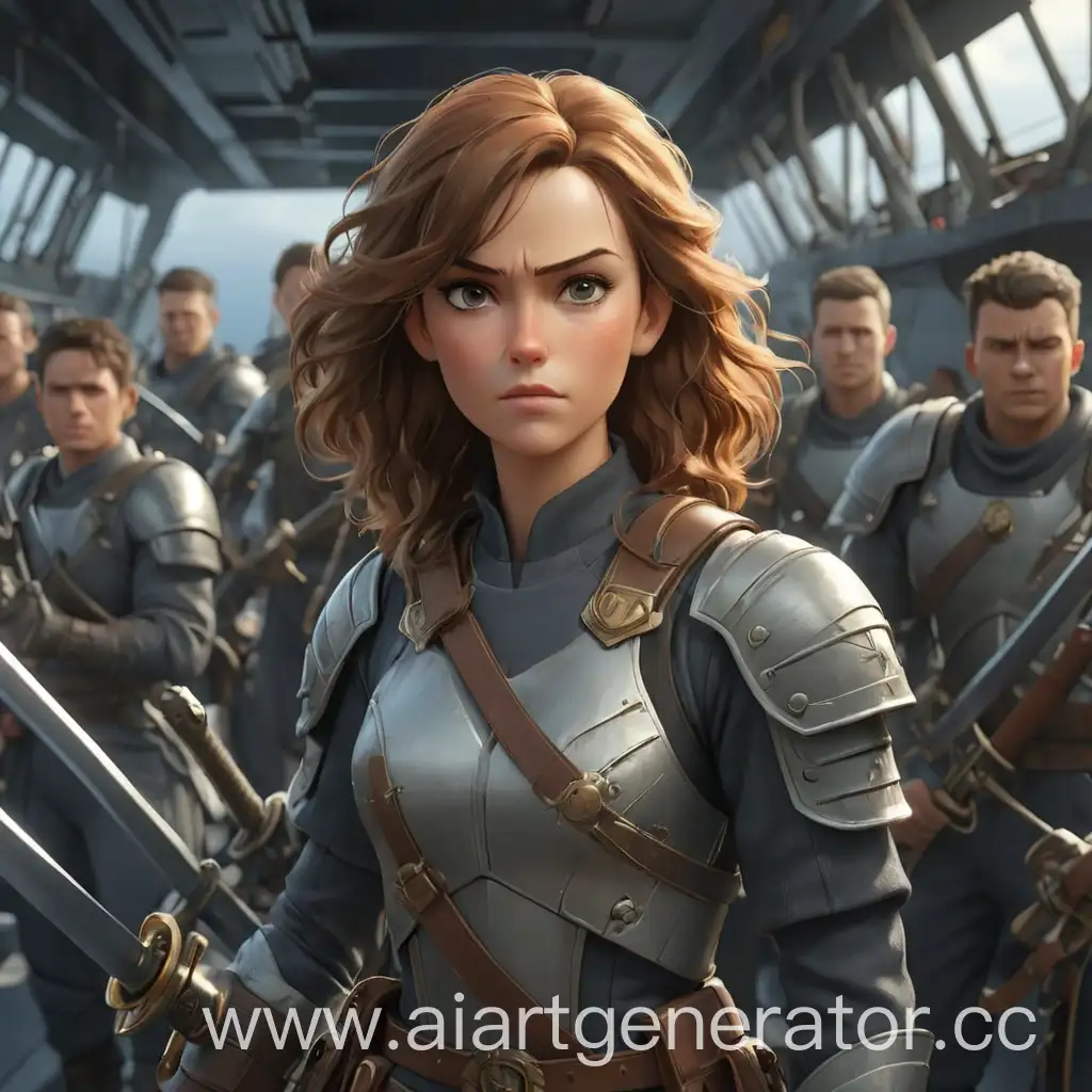 A commander who is on a big ship and her soldiers are standing behind her and they all have swords in their hands and are ready for battle