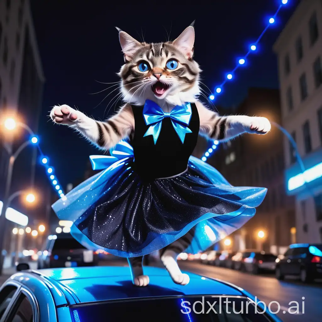 Cat-in-a-Black-Dress-with-Blue-Lights-Jumping-on-Cars-in-the-City