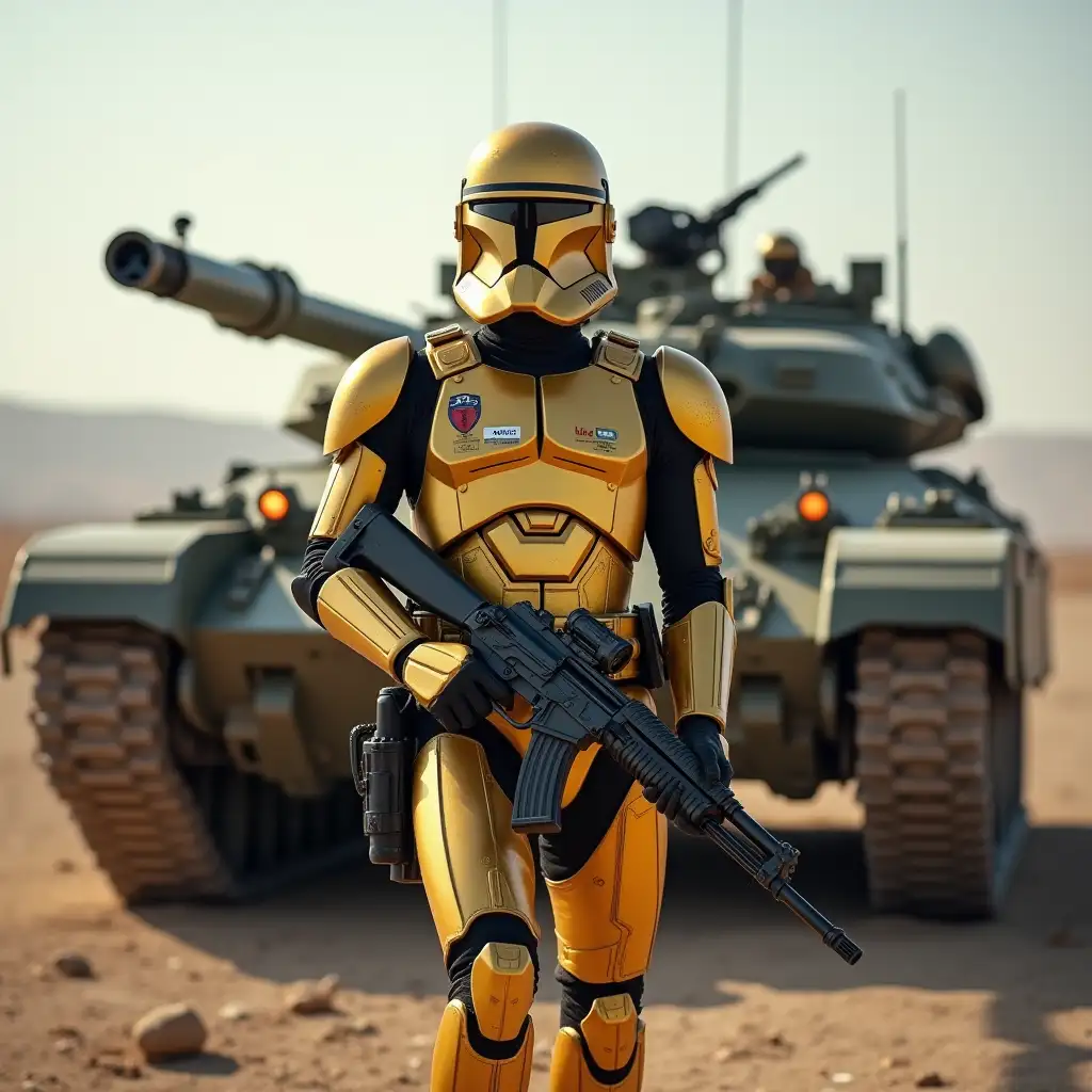 a clone of the republic from star wars in golden armor, holding an AK-74, walks near a t-90 tank of the russian army marked with Z