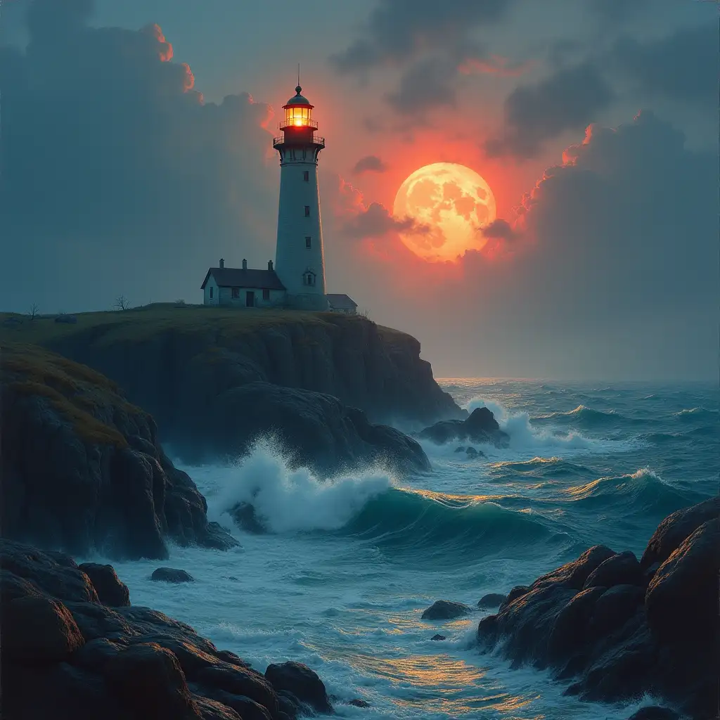 A beautiful painting of a singular lighthouse, shining its light across a tumultuous sea of blood by greg rutkowski and thomas kinkade, Trending on artstation.