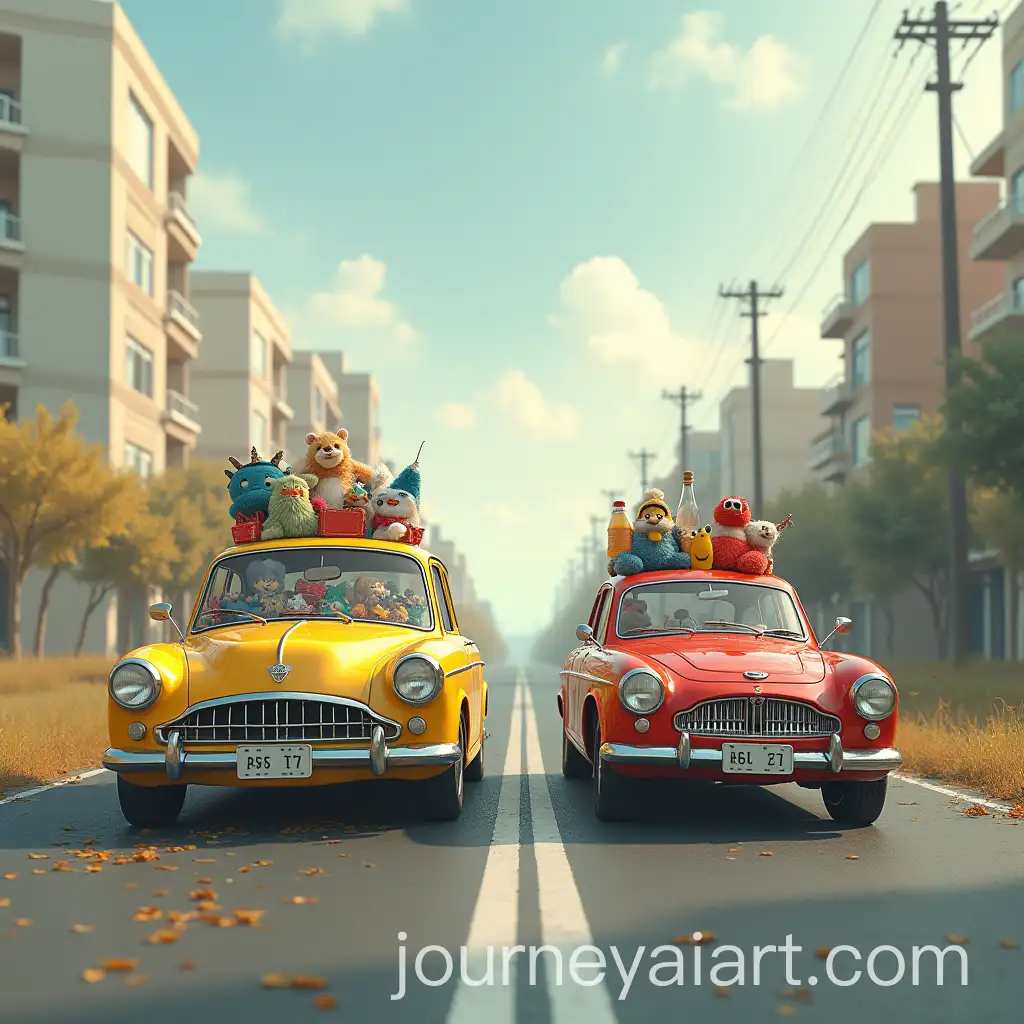 Contrast-of-Two-Cars-on-the-Road-Expensive-and-Cluttered-vs-Small-and-Empty