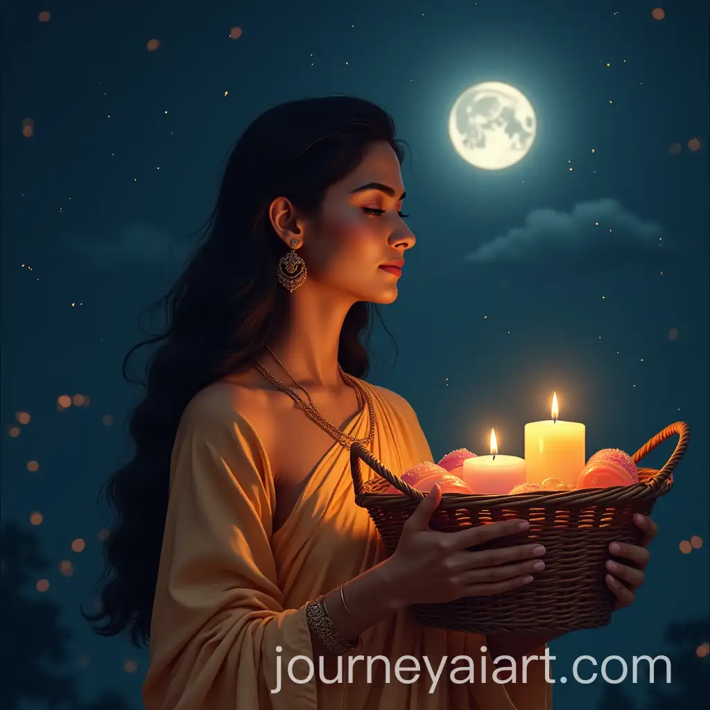 Young-Indian-Woman-Holding-Gift-Soaps-and-Scented-Candles-Under-Full-Moon