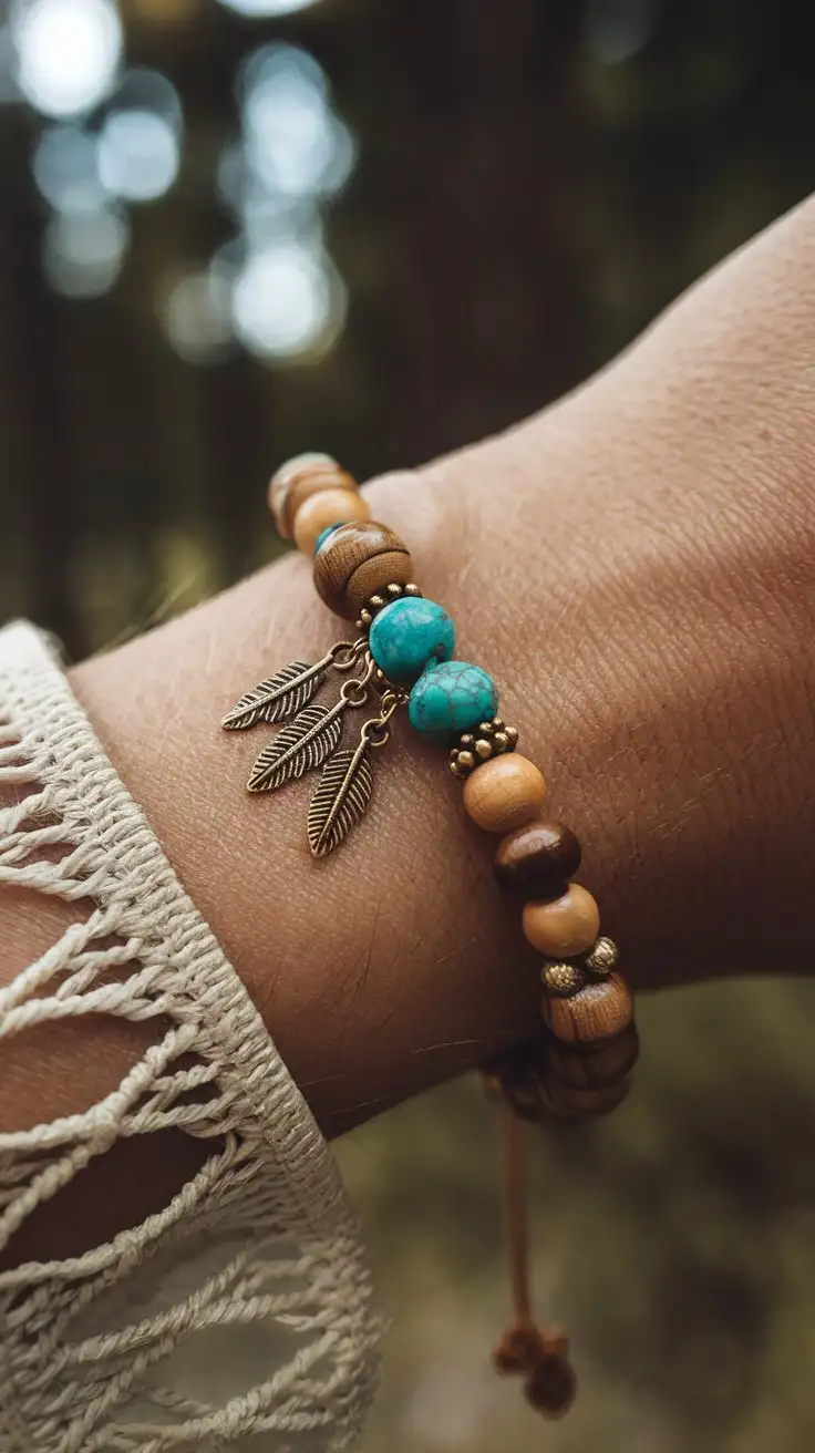 BohoChic-Beaded-Charm-Bracelet-with-Wooden-and-Turquoise-Beads-in-Natural-Outdoor-Light