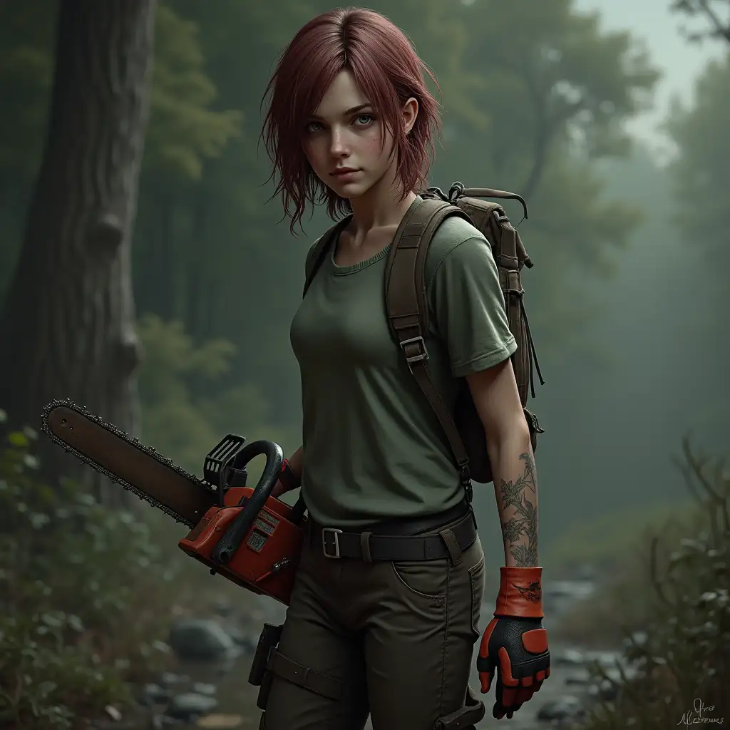 Ellie from 'Last of us' with a small chainsaw in hand without background