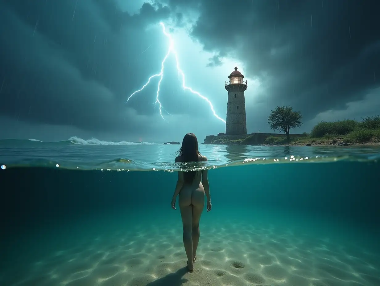 A cinematic split-frame composition where the lens is half-submerged underwater. Below the surface, a serene and calm lakebed stretches out, softly illuminated by refracted light. A nude woman stands gracefully on the sandy lakebed, her pose tranquil, with her long hair drifting weightlessly in the still water. Above the surface, the storm rages ferociously: lightning streaks across the dark clouds, torrential rain pours down, and towering waves crash violently. In the distance, a weathered, ancient lighthouse struggles against the storm, its flickering light barely piercing the chaos. The waterline is sharp, with bubbles and light refractions enhancing the split effect. Dynamic lighting highlights the emotional contrast between the calm underwater world and the savage storm above. (masterpiece, best quality, ultra-detailed, photorealistic, cinematic:1.3) --ar 16:9 --intense-storm --lens-split --weight 2.0