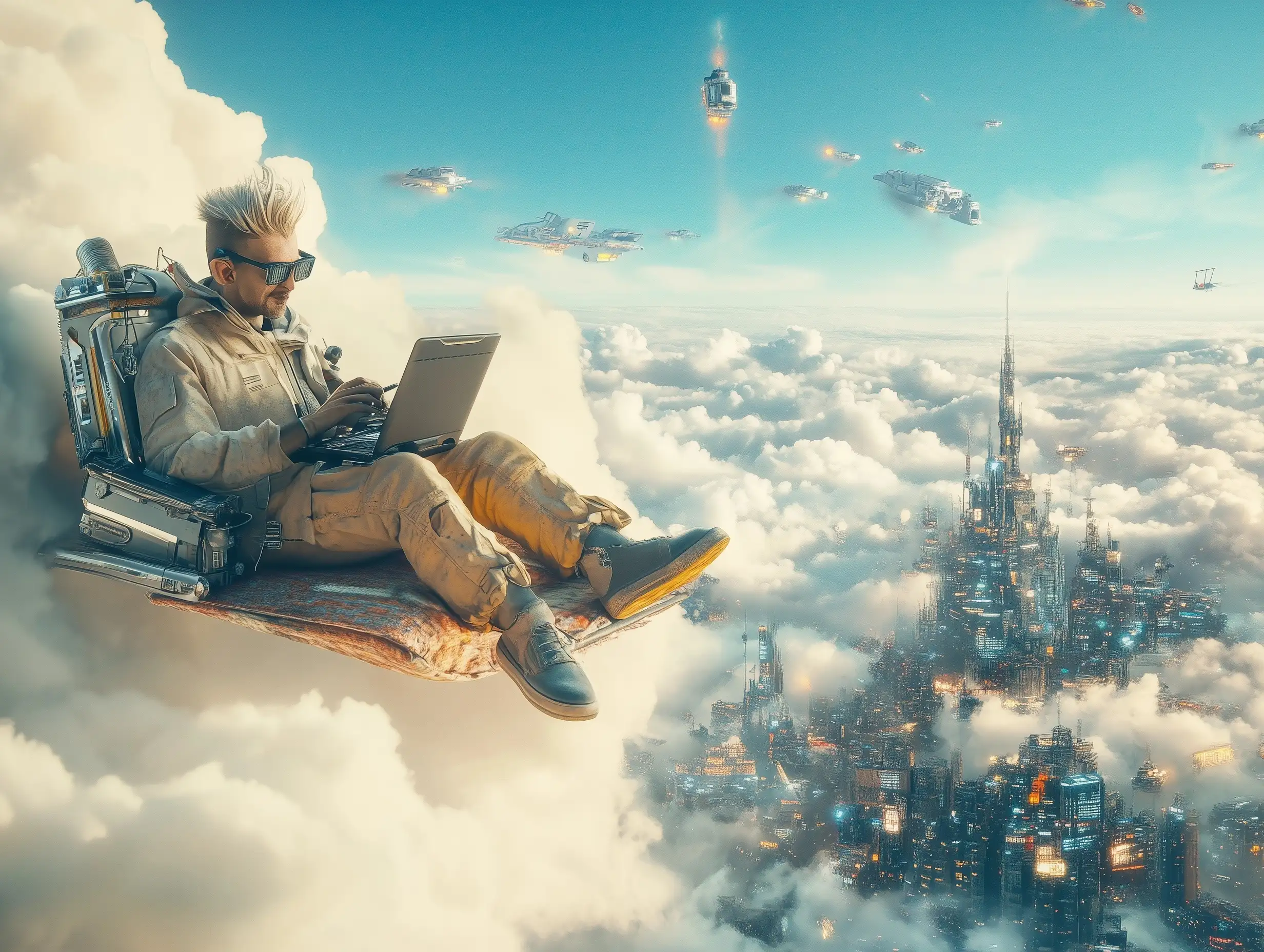 Cyberpunk-Graphic-Designers-on-Magic-Carpet-Above-Megalopolis-City