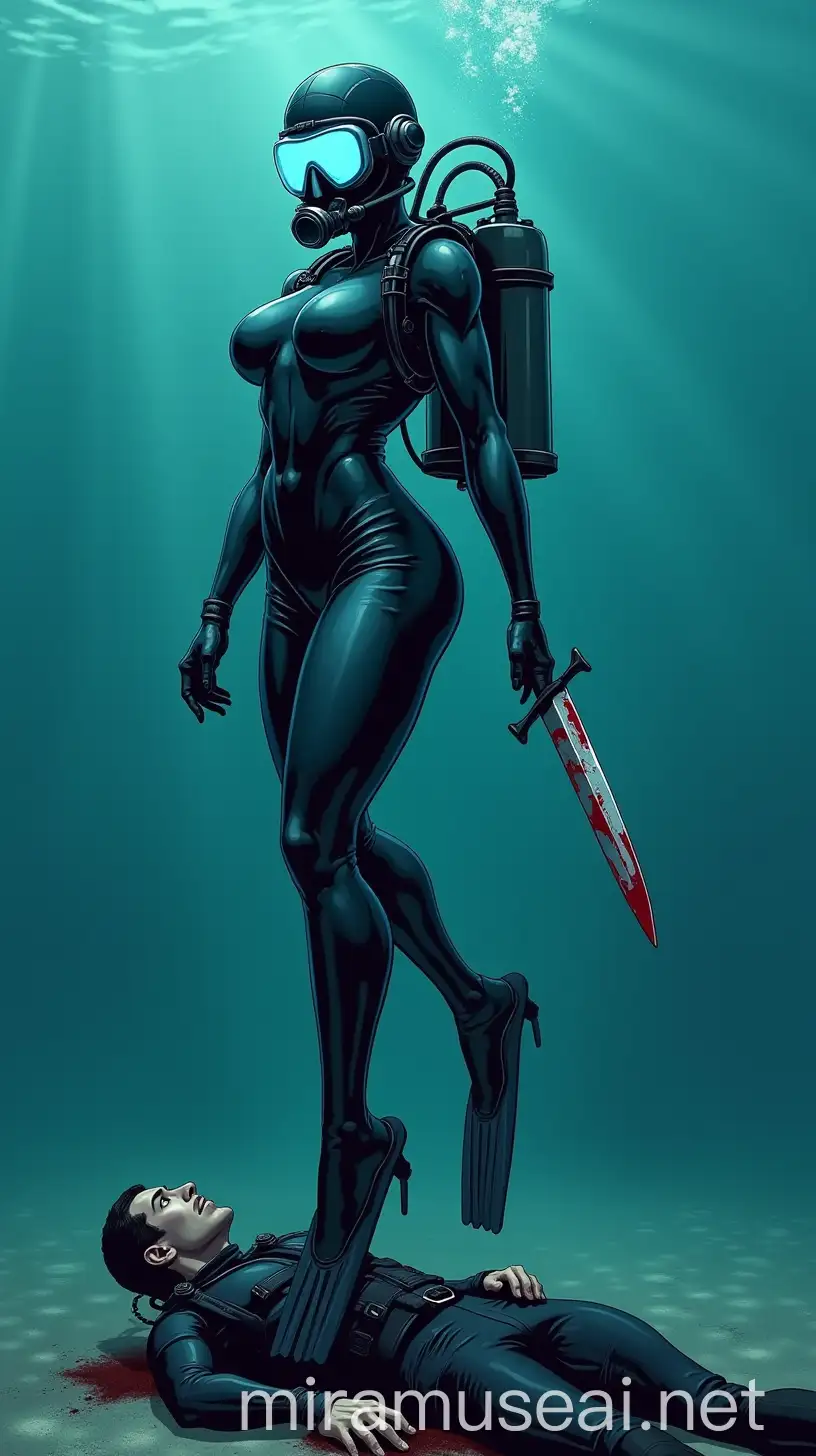 Curvy Assassin Diver in Underwater Combat Victory