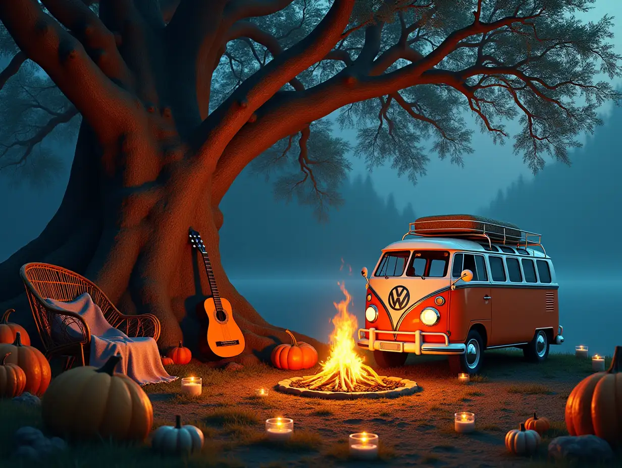 Ultradetailed hyperrealistic portrait a vwbuß a guitar leans at the vw buß lake with a very large tree with a light chain pumpkins with candles campfire two rattan chairs with blanket on meticulously detailed, colorful