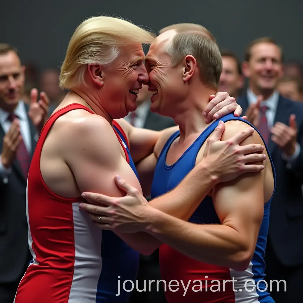 Donald-Trump-and-Vladimir-Putin-Hugging-in-Wrestling-Gear-with-Cheering-Crowd