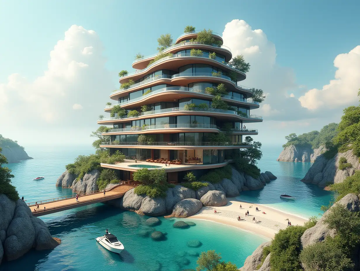 Create a high-resolution, realistic panorama image of a futuristic terrace building with snail house windows with a bridge, a yacht and a small beach with people, many plants and grey and brown facades with sea with waves, large trees, black clouds