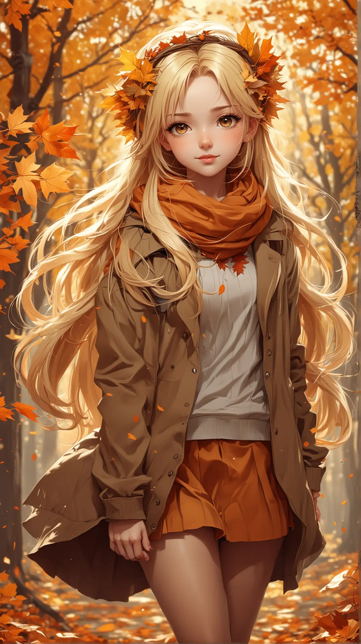 Beautiful Blonde Girl with Autumn Leaf Wreath in Anime Style