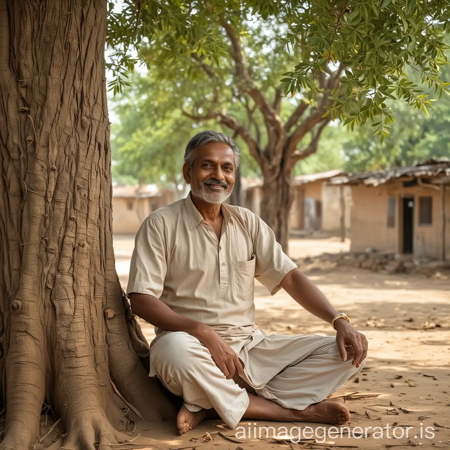 56 years old indian man with healthy body in village sitting under tree with a greeting posture