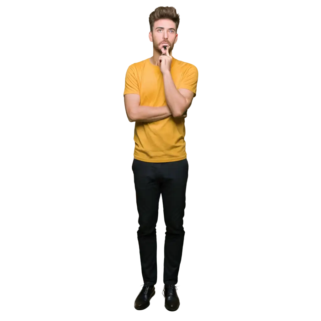 A man wearing a bright yellow T-shirt, with a thoughtful expression, looking upwards as if deep in contemplation. The background is minimalistic or blurred to emphasize the subject, in a vertical 9:16 aspect ratio, designed for a thumbnail