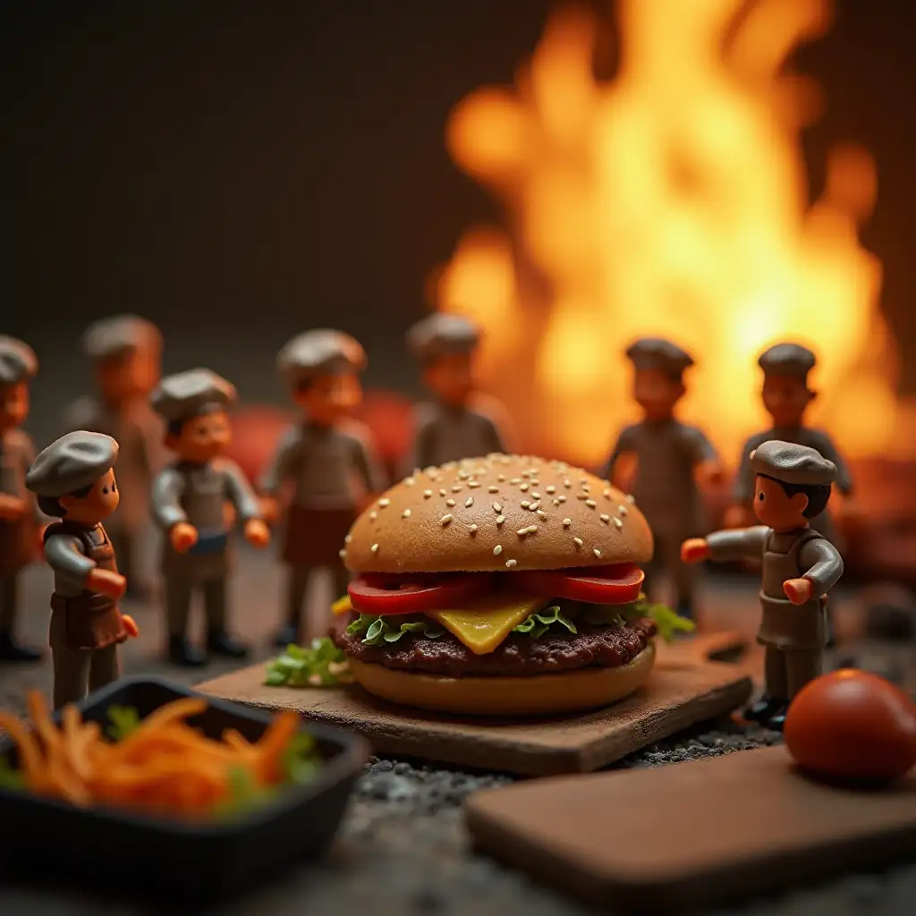 A photo where tiny little people are making a burger. The burger looks very appetizing and delicious, with fire in the background.There should be many little people, and they should be chefs.